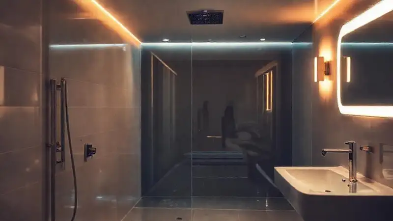 Un baño moderno y lujoso brilla suavemente