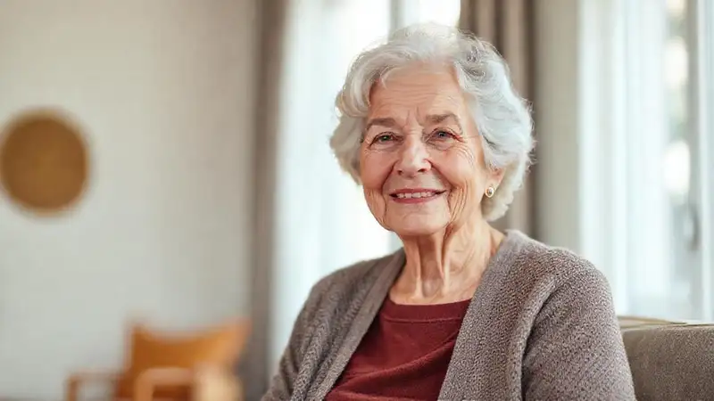 Una anciana cómoda irradia serenidad moderna