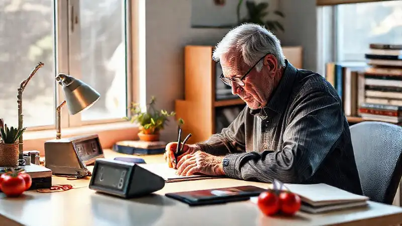 Un hombre mayor escribe con calma