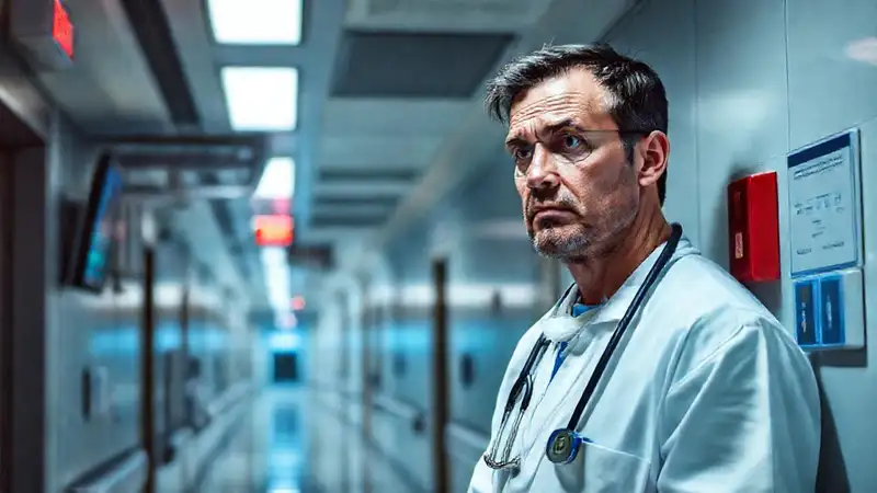 Un médico preocupado en un hospital urgente