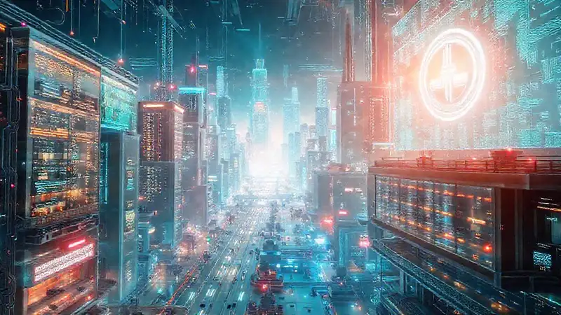 Ciudad futurista, tecnología y esperanza brillan