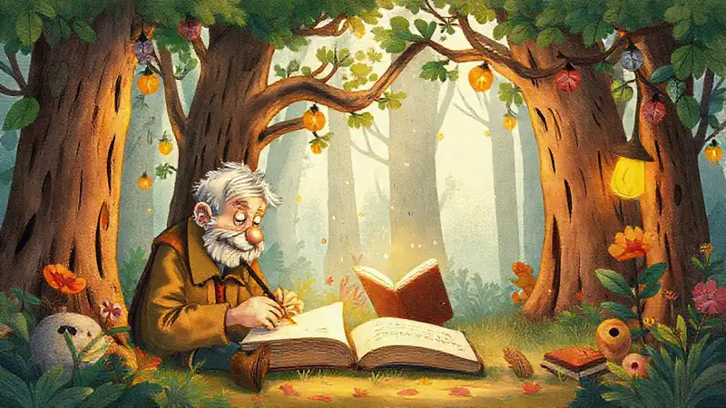 Un anciano escribe magia infantil encantadora