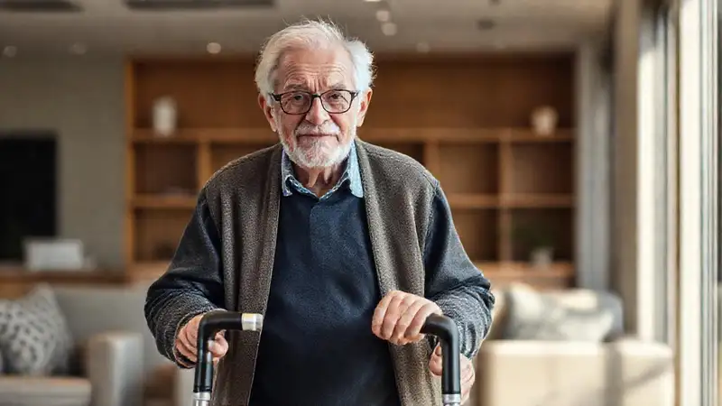 Un anciano usa un andador seguro