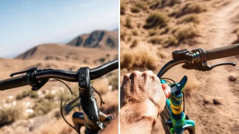 Ciclista ajusta manillar en terreno diverso