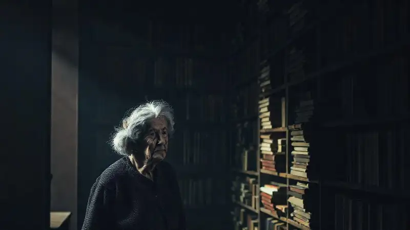Una anciana solitaria y triste en la biblioteca