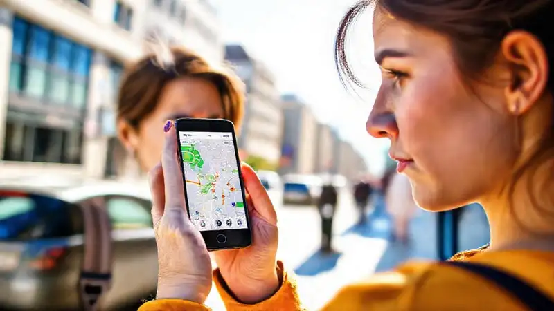 Mujer confundida usa el GPS urbano
