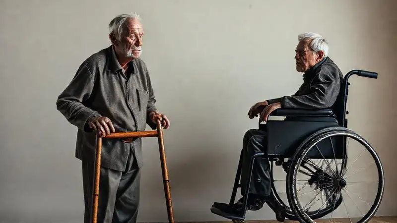 Un anciano usa dispositivos para moverse pensativo