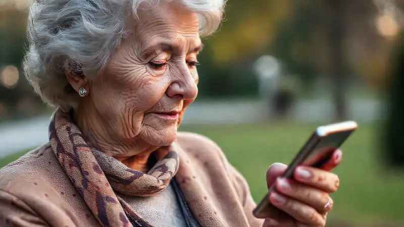 Una anciana usa un teléfono accesible