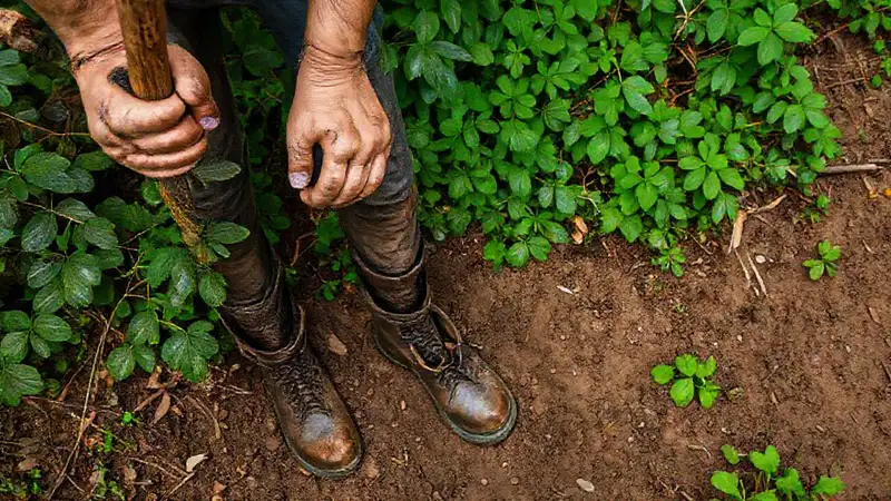 El hombre aventurero trabaja en la naturaleza