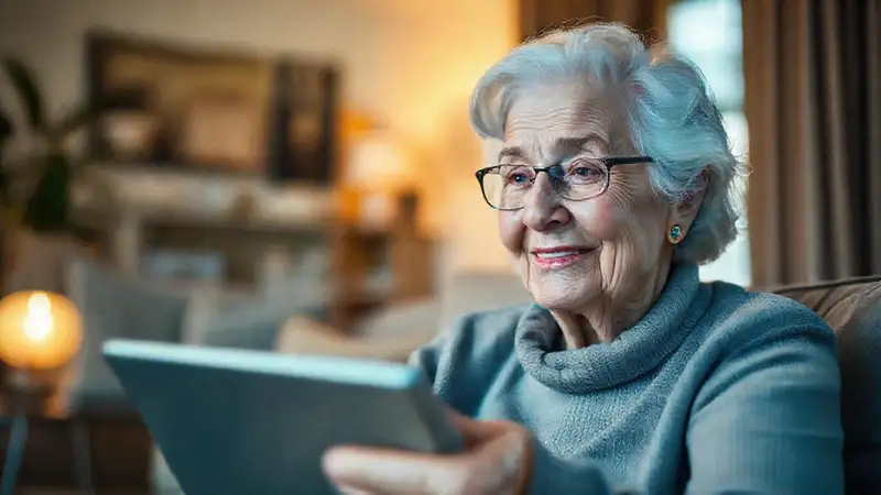 Una anciana sonríe en videollamada cálida