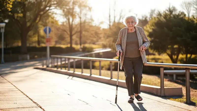 Una anciana camina con precaución en el parque