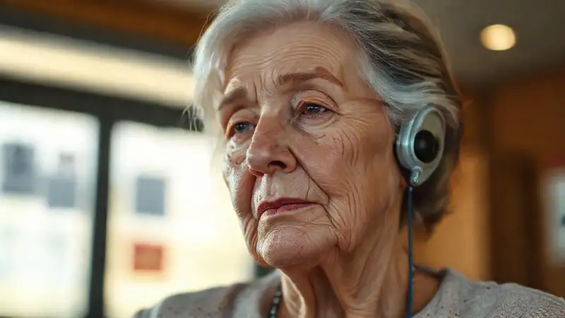Mujer anciana escucha con serenidad y calma