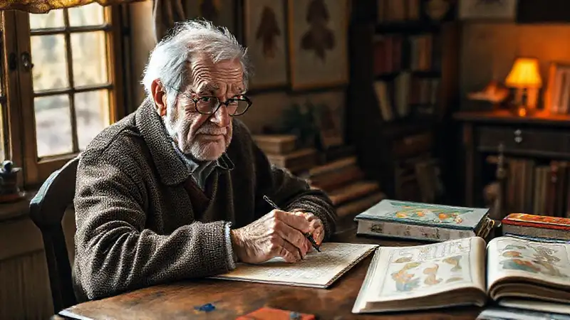 Un anciano escribe con ambiente cálido
