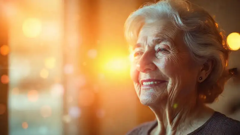 Mujer sonriente en luz dorada y calma