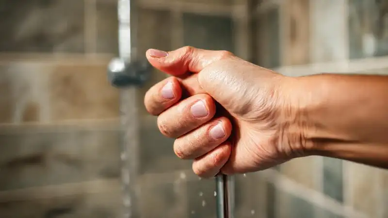 Mano aferra bastón en baño suave