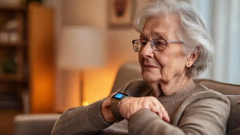 La anciana usa un reloj inteligente de ayuda