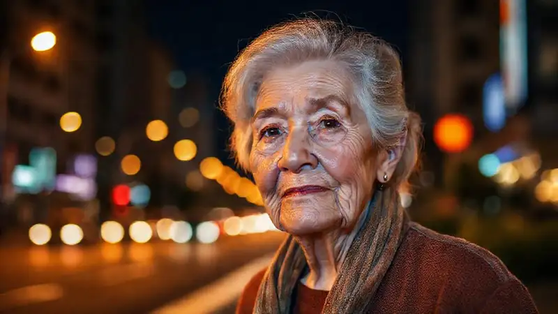 Una anciana refleja serenidad en la noche