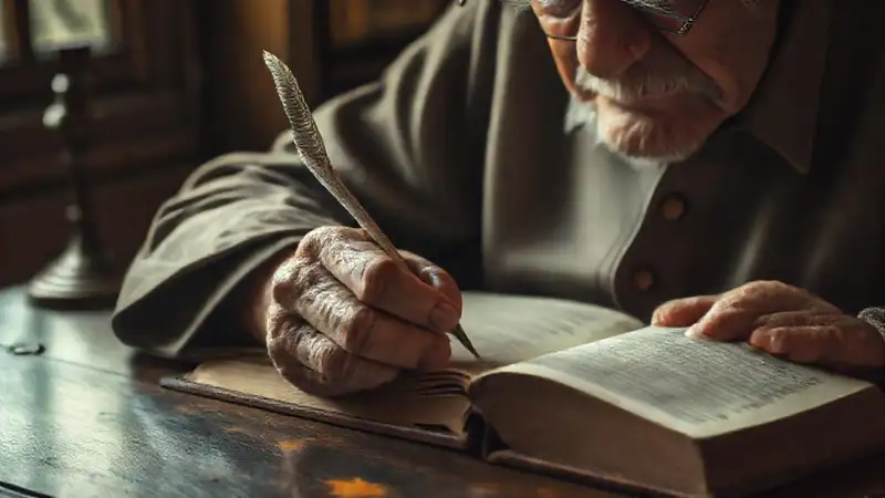 Un anciano escribe en silencio