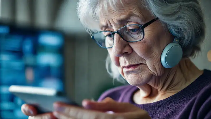 Una anciana confusa lee tecnología digital