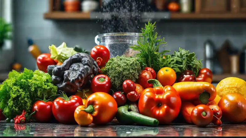 Frutas y verduras frescas brillan lentamente