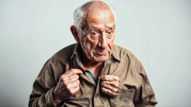 Un anciano lucha con sus botones