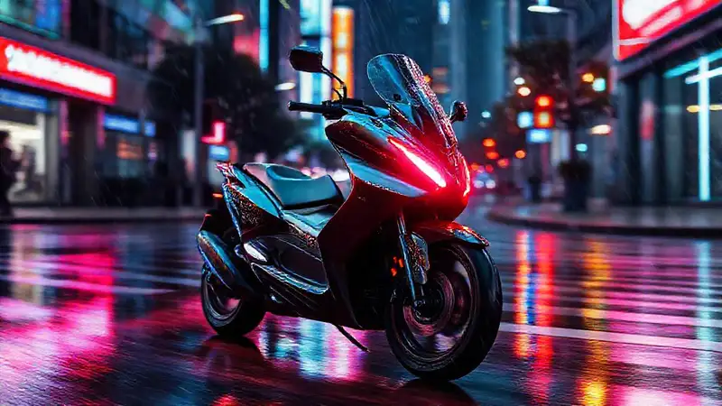 Scooter futurista reluce en la lluvia
