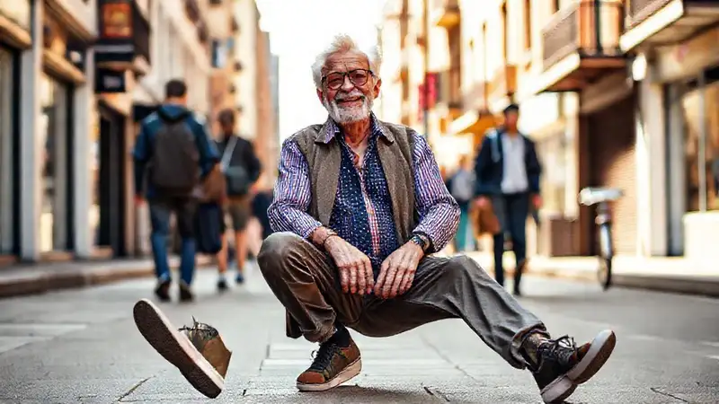 Un anciano elegante y feliz en la ciudad