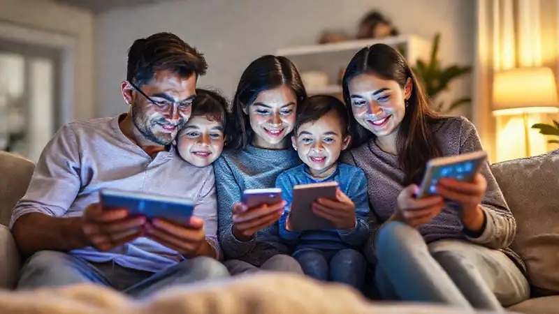 Familia moderna compara tecnología con cariño