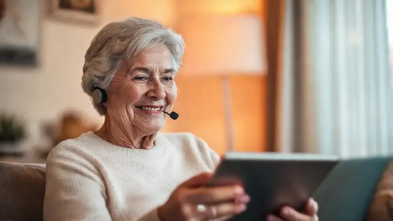 Mujer mayor usa tecnología con serenidad