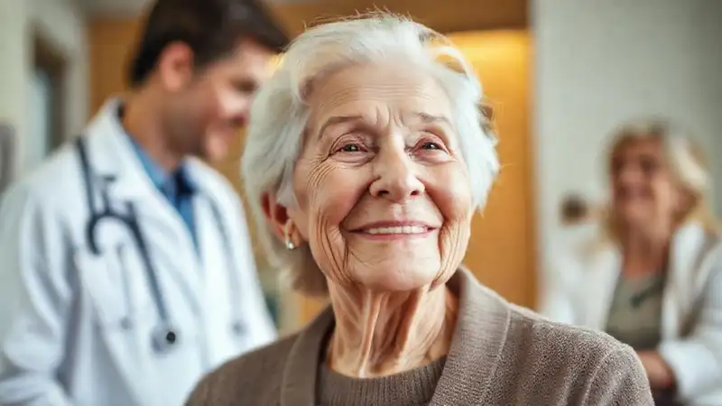 Doctor ayuda a una anciana con cariño