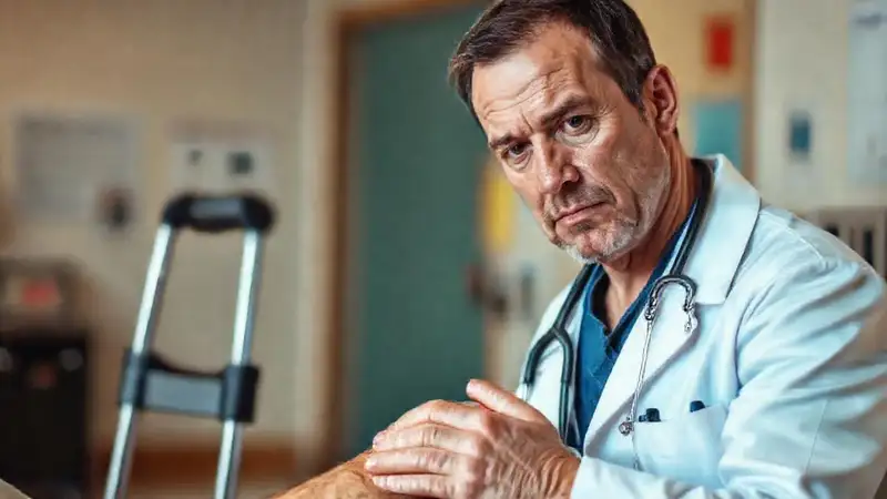 Médico examina la pierna en hospital