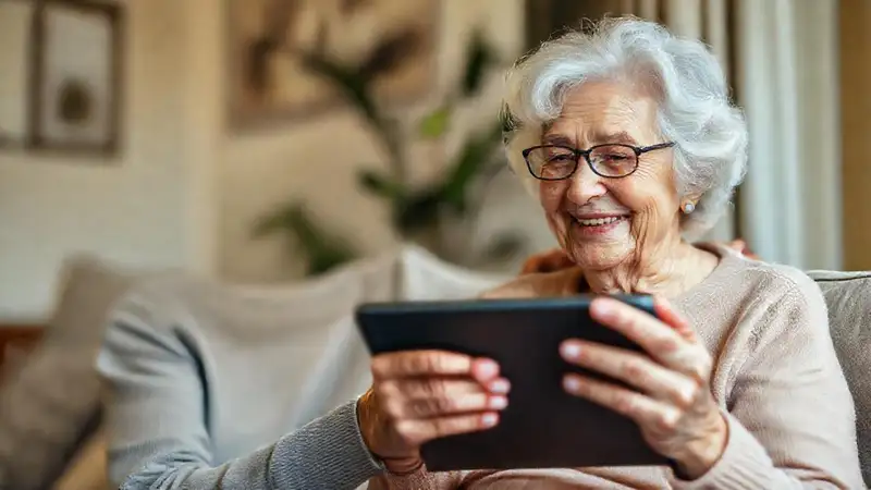 Una anciana sonríe en su hogar