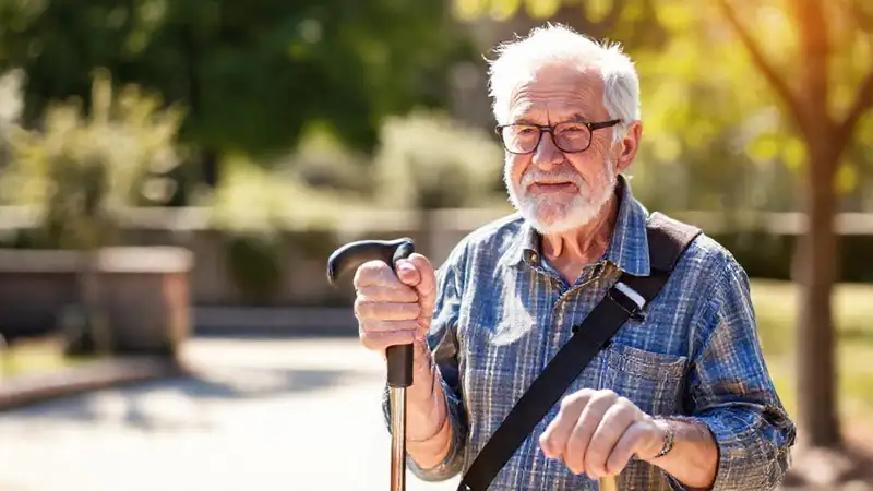 Un anciano usa un bastón adaptable con confianza