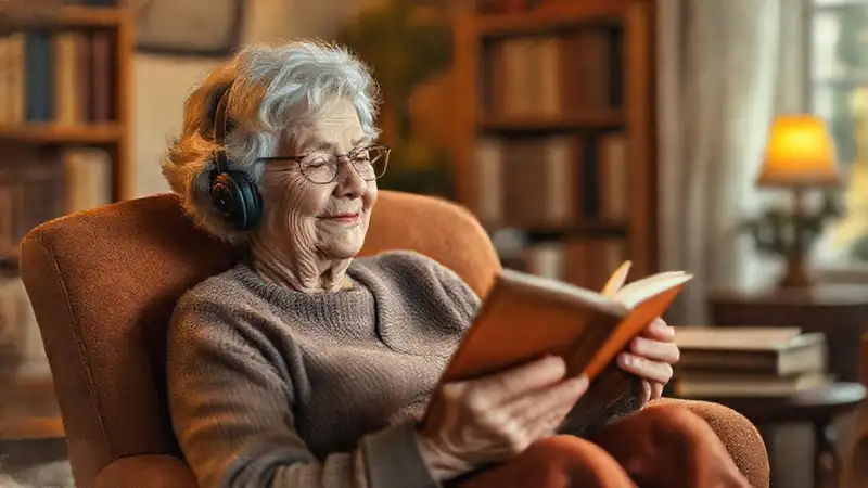 Una anciana sonríe mientras escucha tranquila