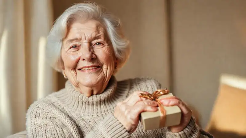 Una anciana sonríe en abrazo cálido