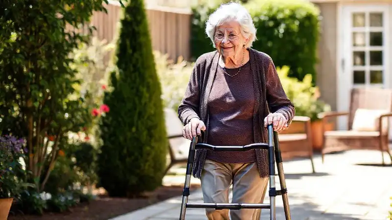 Una anciana camina serena en paz