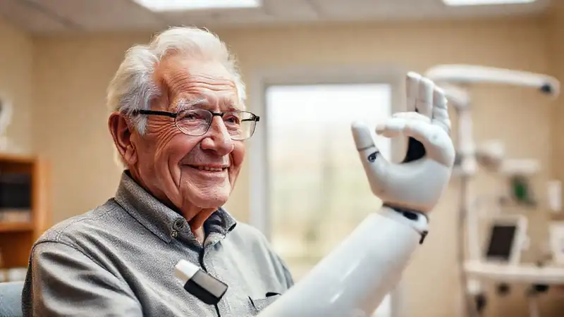 Un anciano recibe asistencia robótica con cariño