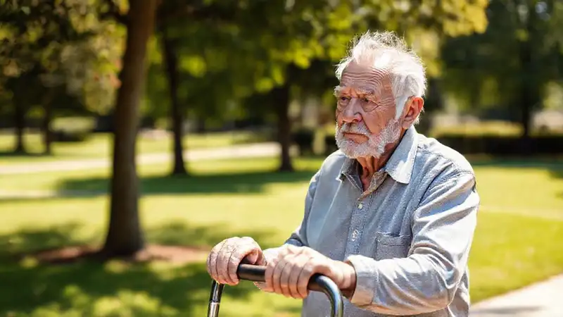 Un anciano tranquilo camina en el parque