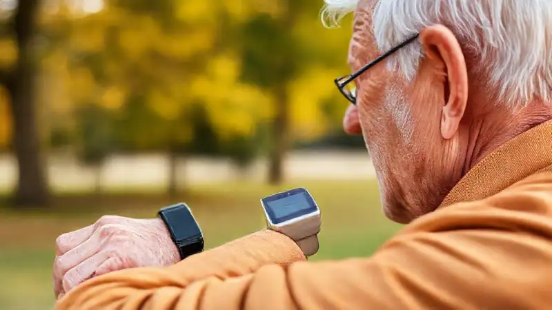 Un anciano usa smartwatch en la naturaleza