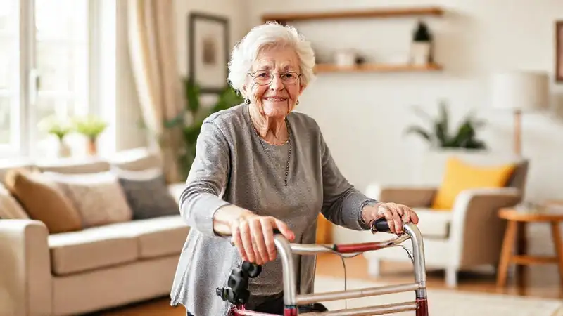 Una anciana feliz disfruta de un hogar cálido