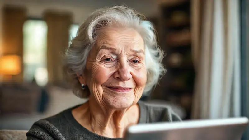 Una anciana recibe atención digitalmente con calma