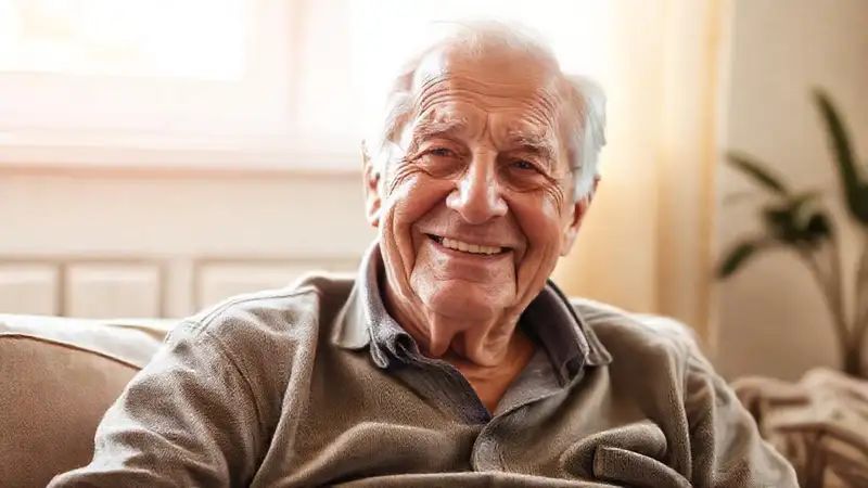 Un anciano feliz disfruta de la comodidad