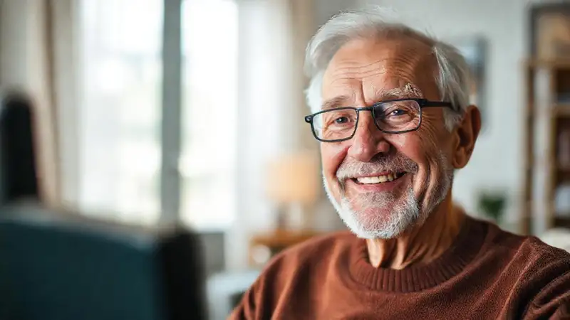 Un anciano sonríe a través de video