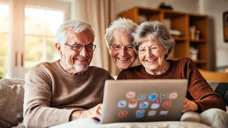 Un anciano sonriente se conecta digitalmente en casa