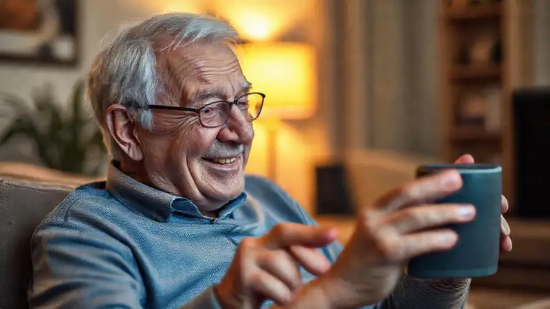 Un anciano usa la voz felizmente