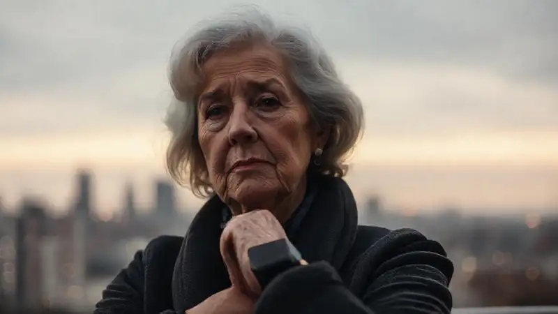 Mujer mayor reflexiva observa la ciudad
