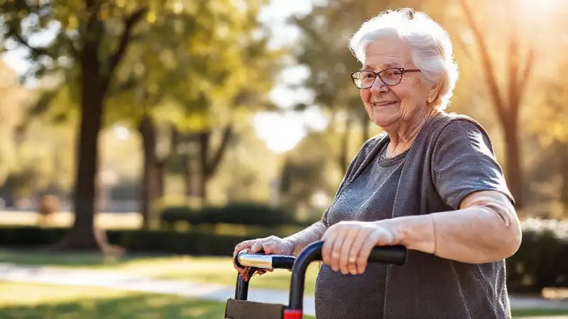 Una anciana sonríe en un parque cálido
