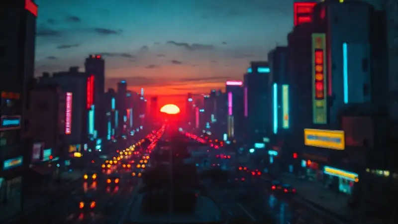 La ciudad futurista irradia melancolía nocturna
