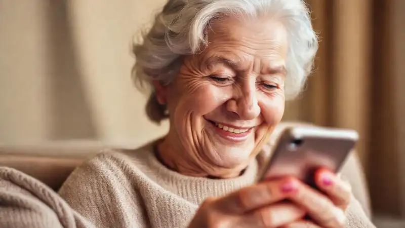 Una anciana sonríe conectada digitalmente con su familia