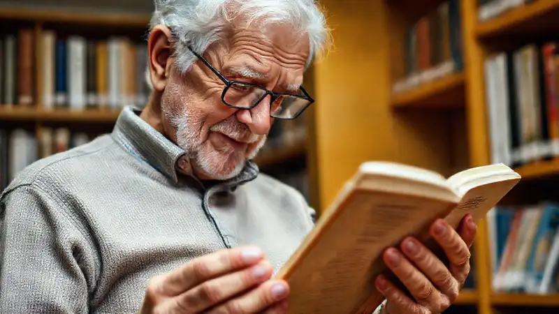 Un anciano lee con esperanza en la biblioteca